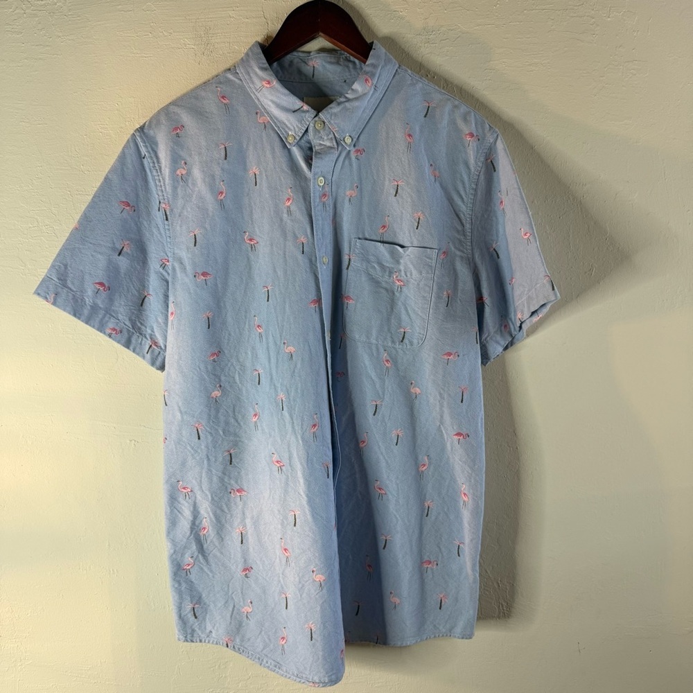 American Eagle Men's Light Blue Flamingo Print Shirt Chambray Size XL